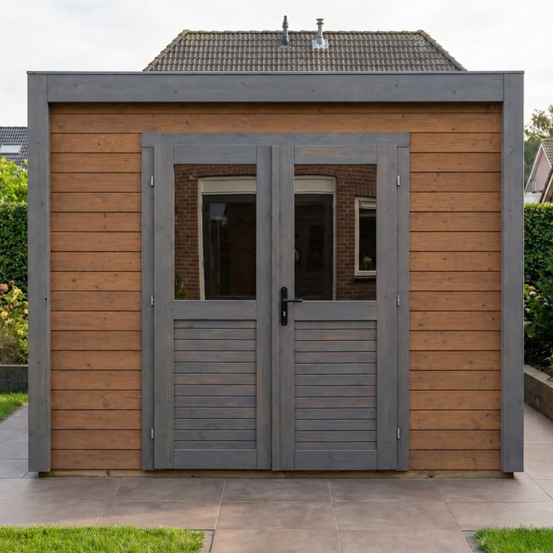 Modern tuinhuis met overkapping wat wordt gebruikt als poolhouse
